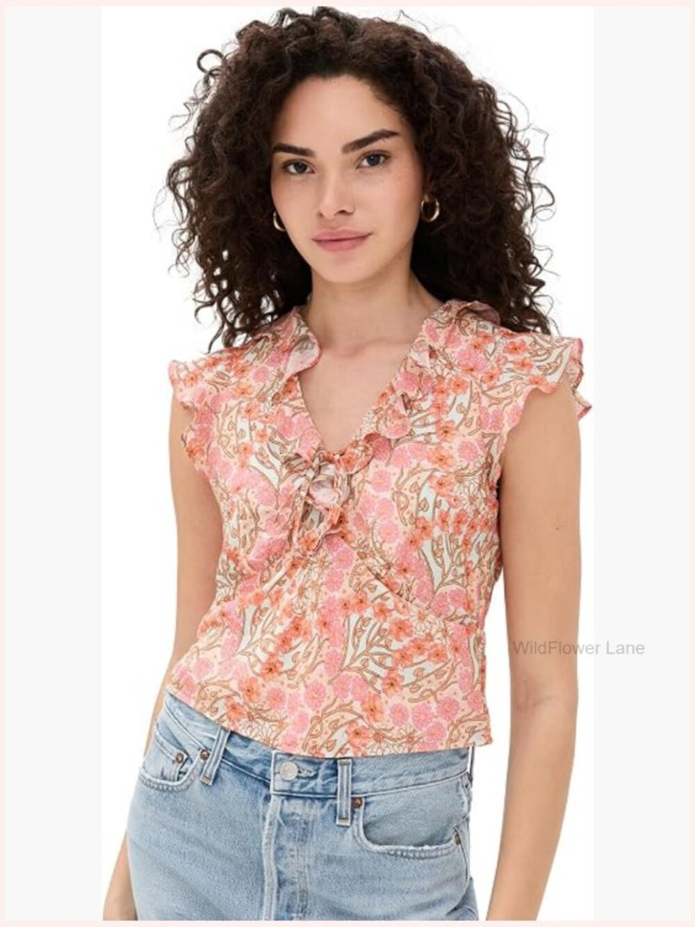 V-Neck Floral Blouse with Cap Sleeves - Lightweight Rayon Crepe